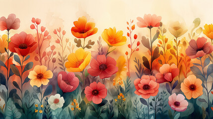 Colourful flowers on pastel background pattern. Illustration. Wallpaper. Natural background 