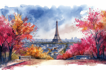 Watercolour illustration of Eiffel tower among pink blossom trees in spring. Travel concept 