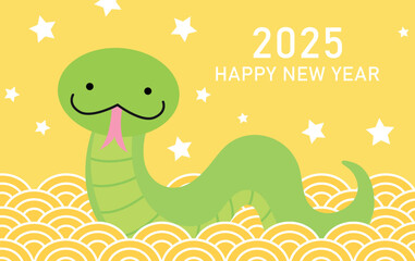 Cute cartoon snake new year 2025 card with waves pattern. Lunar new year 2025 greeting card.
