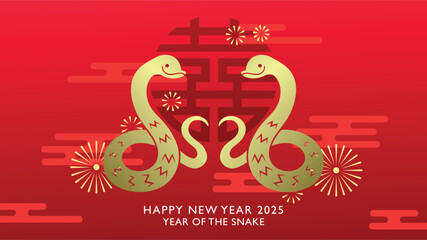 Two zodiac snakes on red background with clouds pattern. Traditional chinese paper cutting style on oriental decorative elements with snake couple.