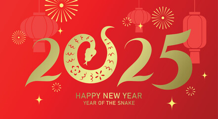Year of the snake 2025 paper cutting style. Zodiac snake forming numbers. Chinese new year 2025 traditional greeting card with red lanterns and fireworks pattern.