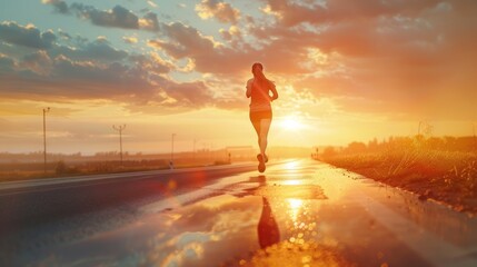 Fototapeta premium A powerful image of a female athlete with energetic strides running towards the horizon with the sun setting behind her