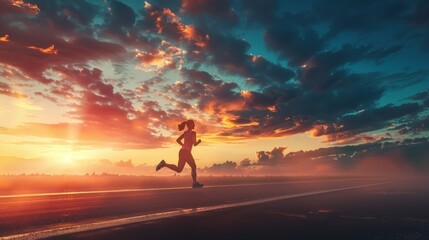 A breathtaking view of a female runner's silhouette against a picturesque sunset and expansive...