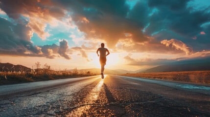 The silhouette of a runner is front and center as they run down a rural road at dusk