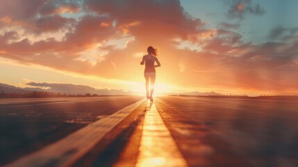 An athletic woman jogging along a stretch of road, her silhouette perfectly aligned with the setting sun on the horizon