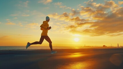 An athlete jogs along the seafront, illuminated by the soft light of a coastal sunrise
