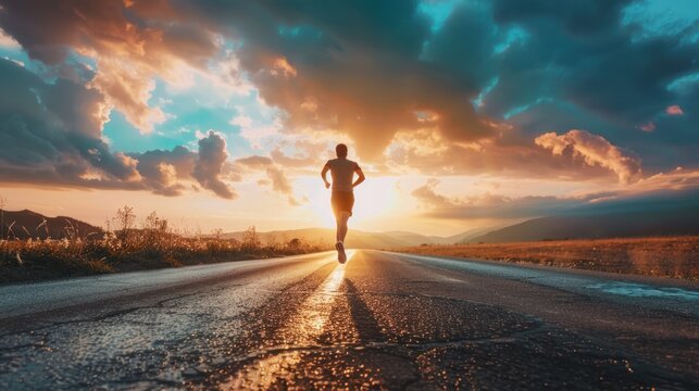 The silhouette of a runner is front and center as they run down a rural road at dusk