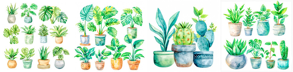 4 photos. Clipart featuring popular houseplants such as monstera and cactus. Perfect for adding a boho touch to your home decor. Includes illustrations of potted plants.