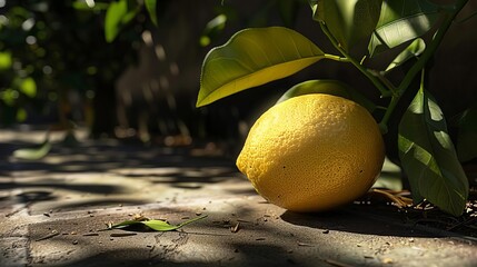 Capture the vibrant essence of a lemon through a low-angle view, emphasizing its textured peel under raking sunlight, ideal for a digital photorealistic rendering