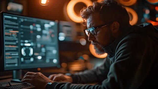 A cyber man with cyber security and infographic chart analysis of corporate laptop antivirus software and phishing malware detection software improving security measures