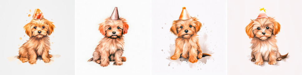 4 photos. Beautiful watercolor painting of a tiny hairy puppy in brown tones. Sketch style on a clean white background for contrast. Captures the adorable essence of a small fluffy dog.