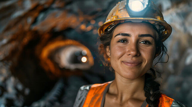 a smiling female miner in a mine looking at the camera