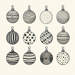 Hand Drawn Christmas Ball Collection Isolated on White Background, New Year Balls Sketch