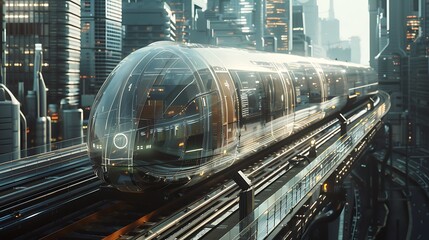 A transparent train speeding through a cityscape, guided by AI for efficient travel