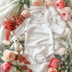 Newborn baby clothes on a white blanket surrounded by pink and red roses.