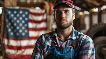 A serious worker man and american flag, generative ai