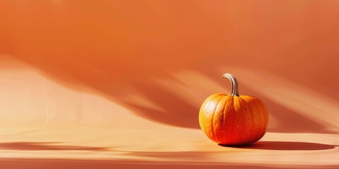 One pumpkin on an orange background. A banner with a copy space for text for autumn holidays - Halloween, Thanksgiving, harvest celebrations