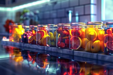 Colorful and healthy preserved fruits in glass jars.