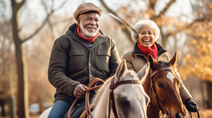 Obraz premium Elderly happy couple riding horses in the park