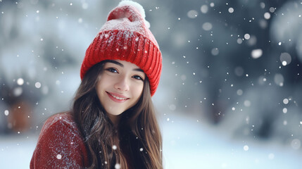 Beautiful Asian girl smiling in a scarf and hat against a winter background with copyspace