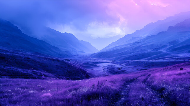 "Harmonious Contrasts: A Mesmerizing Duotone Journey Through the Arora Blue and Purple Valley Vista"

