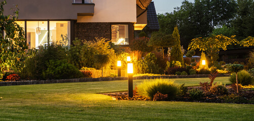 Modern LED Garden Light Posts. Residential Backyard Garden
