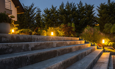 Large Garden Concrete Stairs and Illuminated Rockery Garden