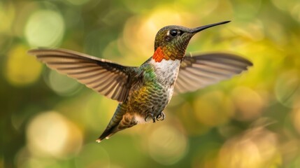 Fototapeta premium A hummingbird flying in the air with its wings spread wide