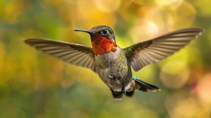 Fototapeta premium A hummingbird flying in the air with its wings spread wide