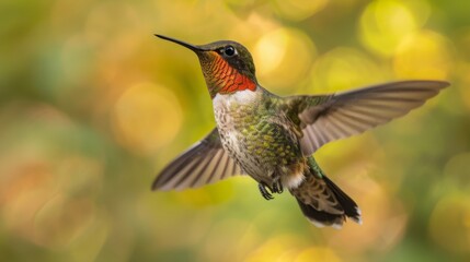 Fototapeta premium A hummingbird flying in the air with its wings spread wide
