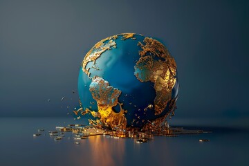Broken Copper Earth Globe with Golden Sand - Ultra Realistic 3D Rendering