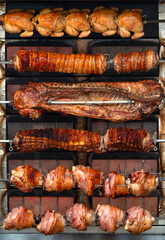 Grill with pork chops, ribs, chicken at spring festival in Deggendorf, Bavaria, Germany