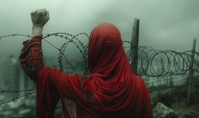 Masked woman holding barbed wire on rooftop, wearing red coat, opposition and resistance to tyranny against oppression concept, firm eyes, full of strength，Courageous Woman Defying Oppression: Empower - obrazy, fototapety, plakaty
