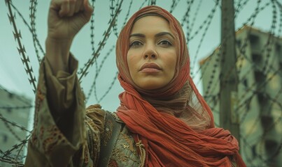 Masked woman holding barbed wire on rooftop, wearing red coat, opposition and resistance to tyranny against oppression concept, firm eyes, full of strength，Courageous Woman Defying Oppression: Empower - obrazy, fototapety, plakaty
