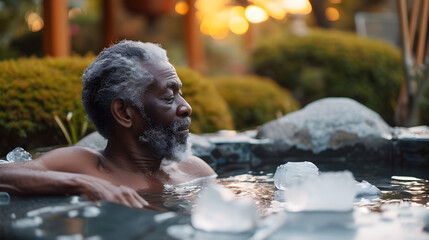 A senior African American man enjoys a tranquil ice bath at sunset, surrounded by nature