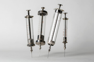 Medical glass retro syringes for injections close-up.