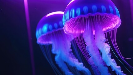 Two jellyfishes close up with neon blue and purple neon colors. The jellyfish are floating in the water deep at the ocean.Marine life background concept.