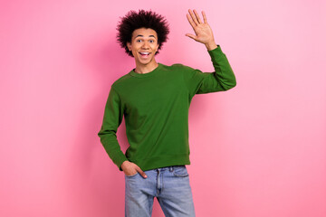 Photo of positive happy guy greeting say hello hi isolated over pastel color background