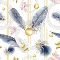 Seamless pattern with gold and blue feathers and butterflies. Vector illustration. 