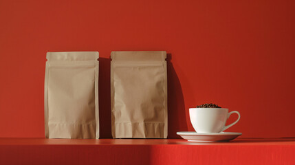 Composition with coffee bags and cup on color background