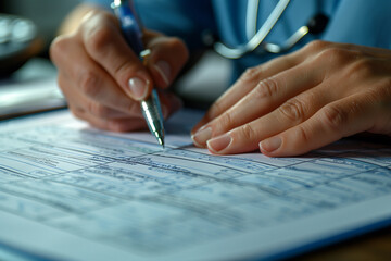 Detailed view of a medical form being completed by a healthcare worker