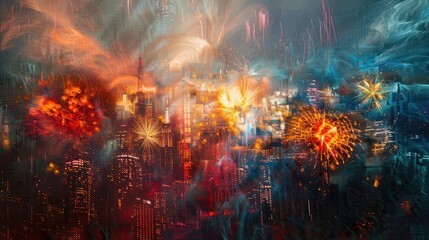 A stunning display of fireworks lighting up the night sky in the city. The blurry image captures the excitement and entertainment of a midnight holiday event AIG50