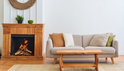 Wood slab coffee table, sofa with beige pillows near fireplace against white wall with copy space. Scandinavian home interior design of modern living room