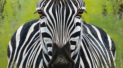 Fototapeta premium Craft a striking, photorealistic image of a zebras frontal view, showcasing intricate black and white stripes contrasted against a lush green background Capture the zebras stoic gaze and intricate fac