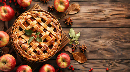 Composition with delicious apple pie on wooden background - Powered by Adobe