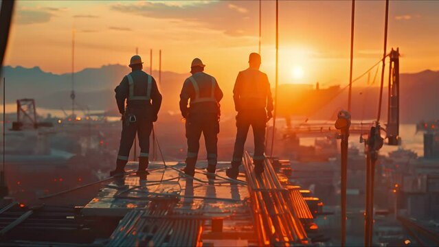 Dramatic wide shot of iron workers, silhouetted in the early morning light on a job site