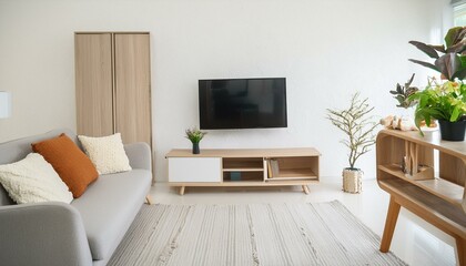Minimalist interior design of modern living room, home with tv unit.