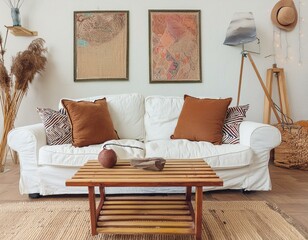 Rustic coffee table near white sofa with brown pillows against wall with two poster frames. Boho ethnic home interior design of modern living room.