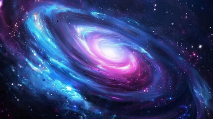 Fototapeta premium Craft a stunning, photorealistic digital illustration of a spiral galaxy, prominently displaying vibrant hues of blue, purple, and pink, with swirling nebulae and twinkling stars in high detail