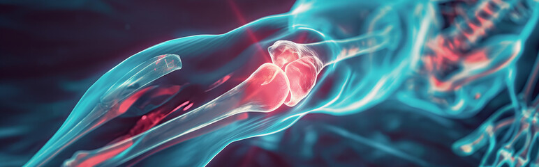 3D-gerendertes Röntgenbild eines hockenden menschlichen Körpers und Knieschmerzen-3d rendered x-ray of a squatting human body and knee pain with red markings of the painful areas